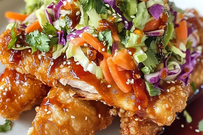 Asian Crunch Chicken Salad on Crispy Egg Roll Base