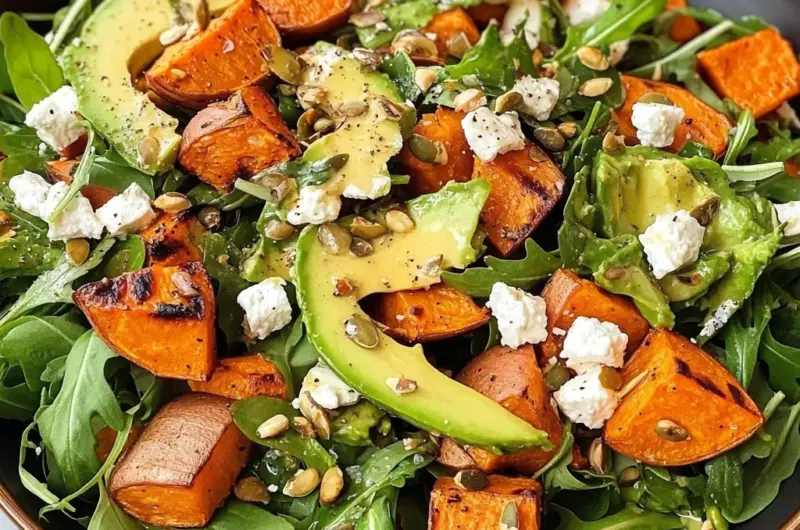 Roasted Sweet Potato & Arugula Salad with Tahini Dressing