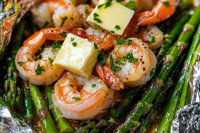 Shrimp and Asparagus Foil Packs with Garlic Lemon Butter Sauce