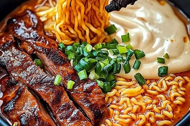 Spicy Korean Ramen with Grilled Beef & Creamy Sauce