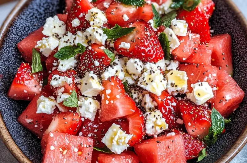 Watermelon Salad With Strawberries & Honey Lime Dressing