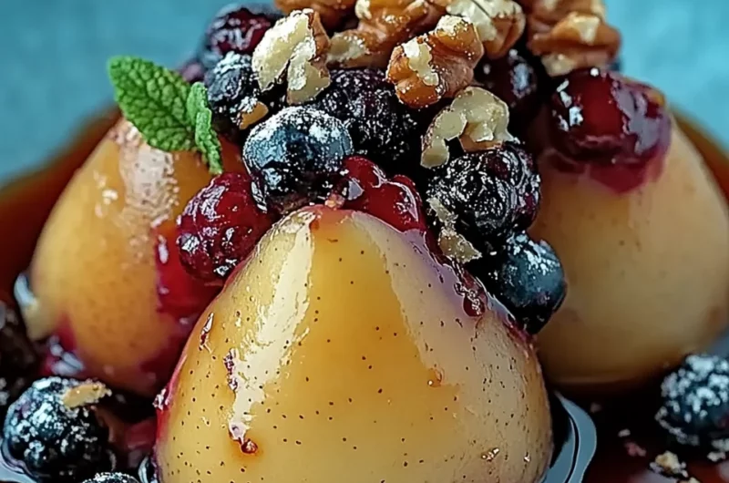 Baked Pears with Berries, Honey, Walnuts & Blue Cheese