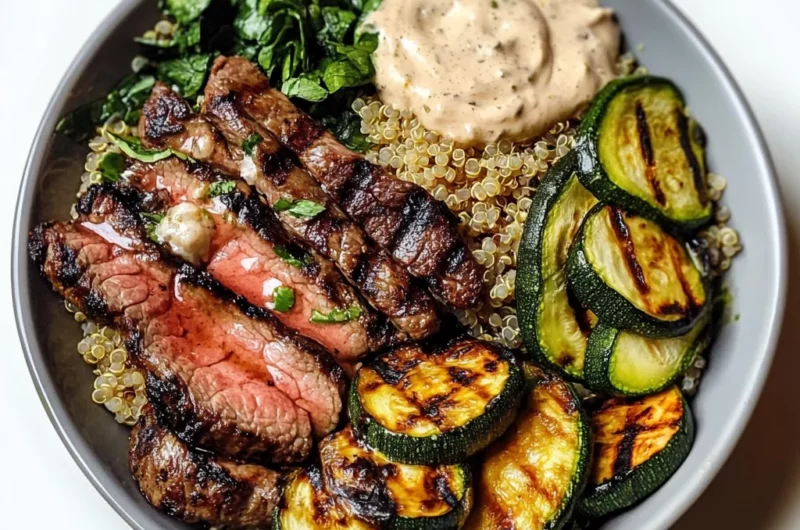 Grilled Steak Bowl with Creamy Sauce & Grilled Zucchini