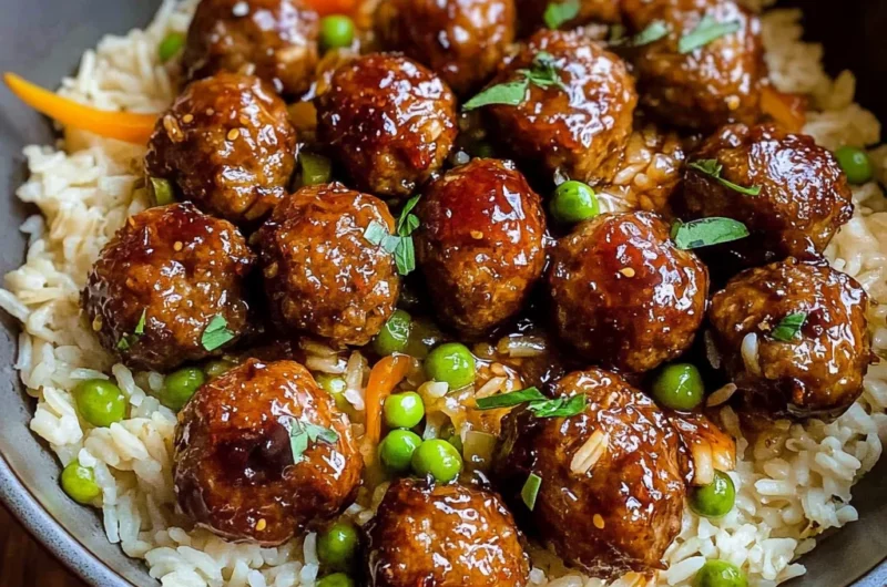 Honey Garlic Meatball Rice Bake