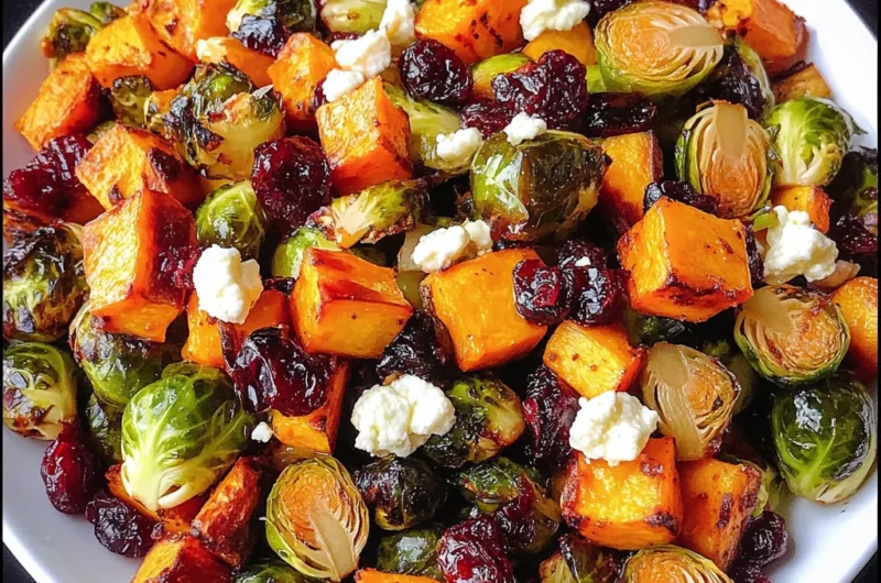 Cranberry-Glazed Roasted Butternut Squash, Brussels Sprouts, and Sweet Potato Salad