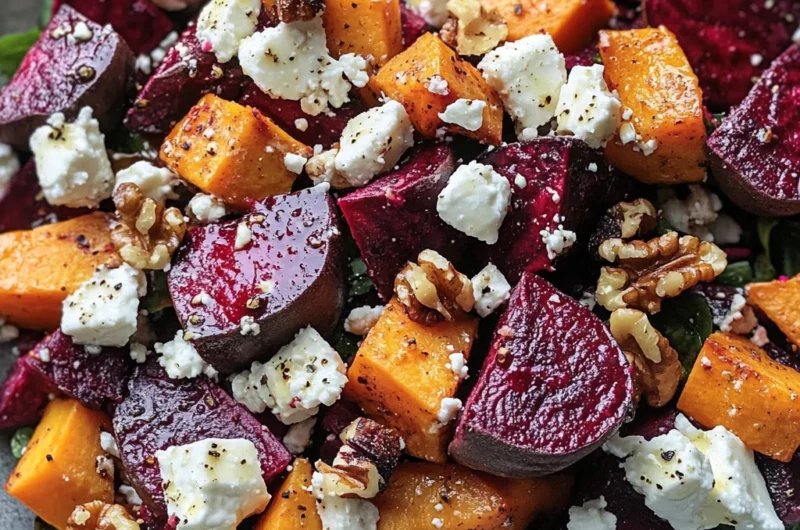 Creamy Roasted Beet Salad with Sweet Potato & Feta