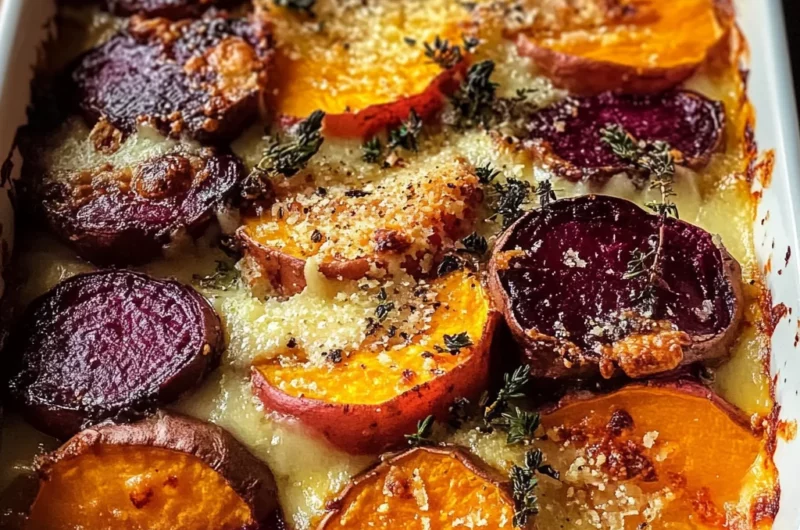 Root Vegetable Gratin with Sweet Potatoes, Parsnips, and Beets