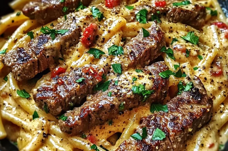 Creamy Cajun Spicy Garlic Butter Steak Pasta Skillet