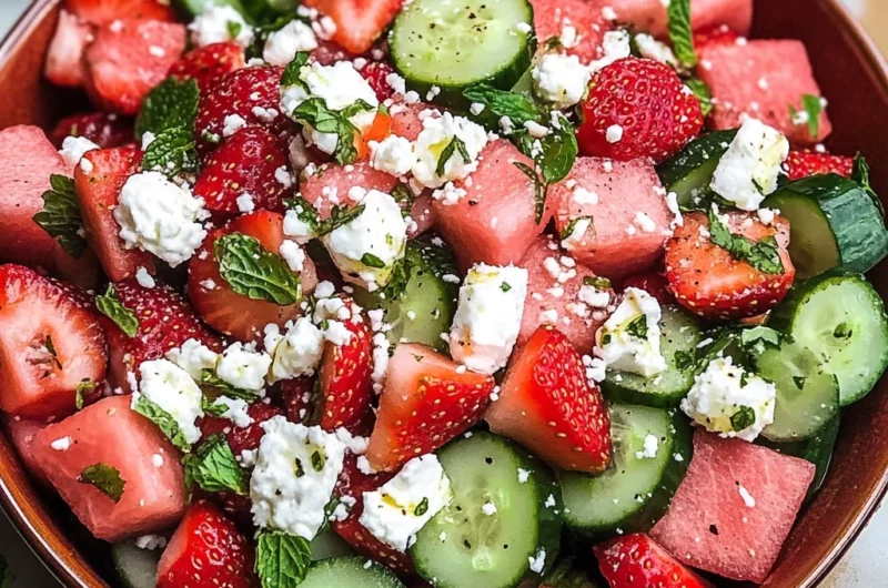 Watermelon Cucumber Salad with Strawberries and Feta