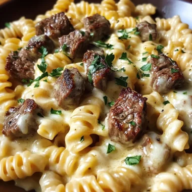Garlic Butter Steak Rotini in Five-Cheese Cream Sauce