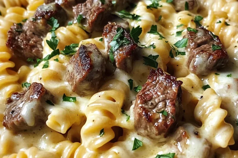 Garlic Butter Steak Rotini in Five-Cheese Cream Sauce
