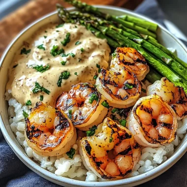 Grilled Shrimp Bowl with Asparagus & Creamy Garlic Sauce Delight