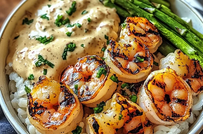 Grilled Shrimp Bowl with Asparagus & Creamy Garlic Sauce Delight