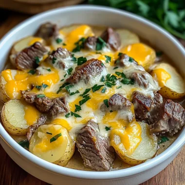 Slow Cooker Steak and Cheddar Potato Casserole – Hearty, Cheesy, and Comforting