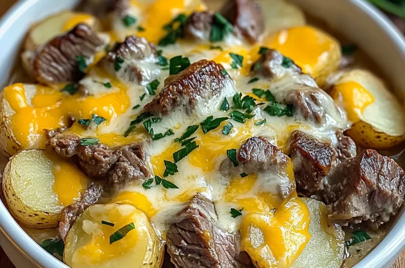 Slow Cooker Steak and Cheddar Potato Casserole – Hearty, Cheesy, and Comforting