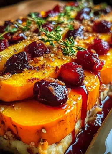 Autumn Vegetable Layer Bake with Cranberry-Maple Glaze