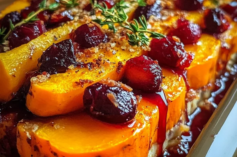 Autumn Vegetable Layer Bake with Cranberry-Maple Glaze