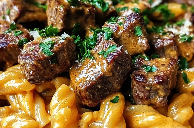 Creamy Buffalo Garlic Butter Steak Bites Pasta