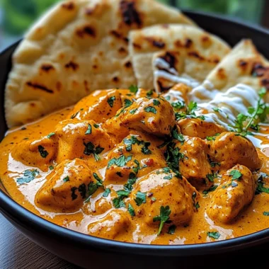 Creamy Butter Chicken with Garlic Drizzle, Fries & Warm Naan