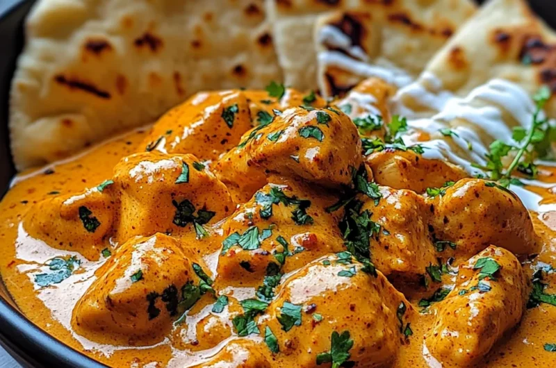 Creamy Butter Chicken with Garlic Drizzle, Fries & Warm Naan