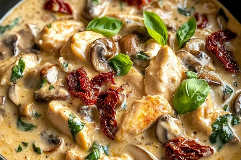 Creamy Chicken Bacon Stroganoff with Sun-Dried Tomatoes, Basil & Mushrooms