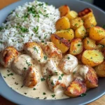 Creamy Garlic Chicken Bites with Fluffy Rice & Herb-Roasted Potatoes