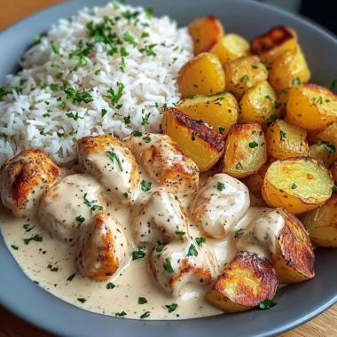 Creamy Garlic Chicken Bites with Fluffy Rice & Herb-Roasted Potatoes