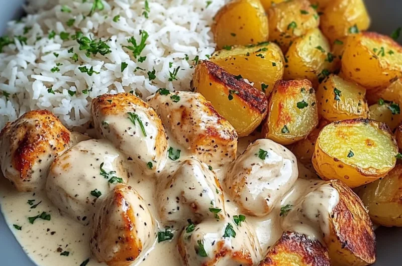 Creamy Garlic Chicken Bites with Fluffy Rice & Herb-Roasted Potatoes