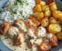 Creamy Garlic Chicken Bites with Fluffy Rice & Herb-Roasted Potatoes