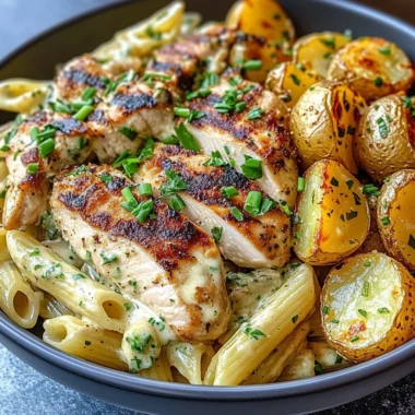 Creamy Garlic Herb Chicken & Crispy Potato Pasta Bowl