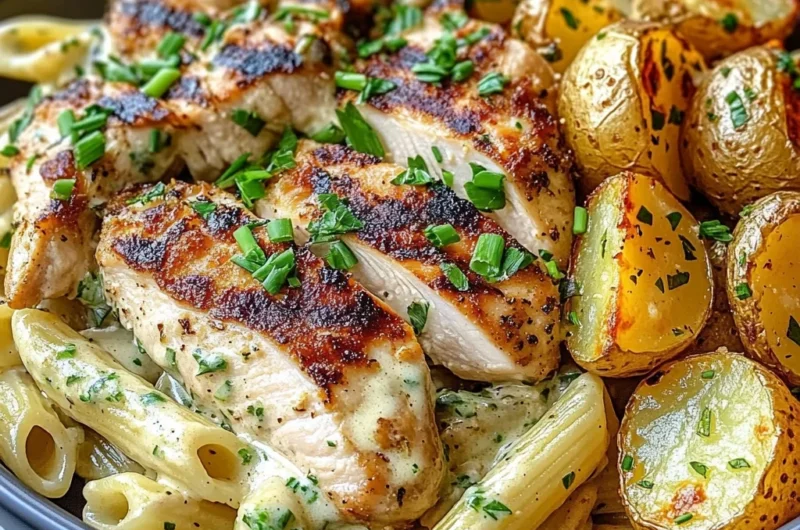 Creamy Garlic Herb Chicken & Crispy Potato Pasta Bowl