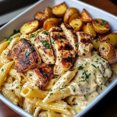 Creamy Garlic Herb Pasta with Grilled Chicken & Roasted Potatoes
