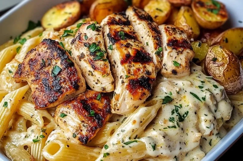 Creamy Garlic Herb Pasta with Grilled Chicken & Roasted Potatoes
