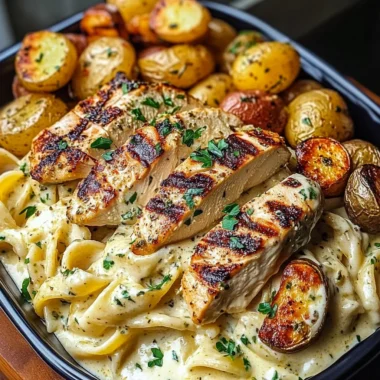Creamy Garlic Herb Pasta with Grilled Chicken & Roasted Potatoes
