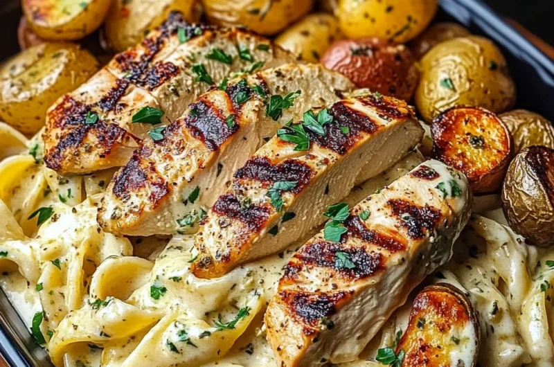 Creamy Garlic Herb Pasta with Grilled Chicken & Roasted Potatoes