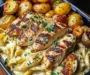 Creamy Garlic Herb Pasta with Grilled Chicken & Roasted Potatoes