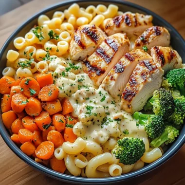 Creamy Herb Mac & Cheese Bowl with Grilled Chicken and Veggie Medley