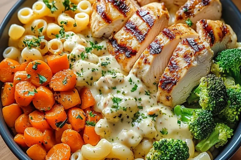 Creamy Herb Mac & Cheese Bowl with Grilled Chicken and Veggie Medley