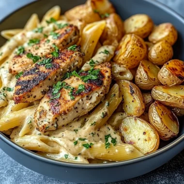 Creamy Herb Pasta Bowl with Juicy Grilled Chicken & Roasted Potatoes