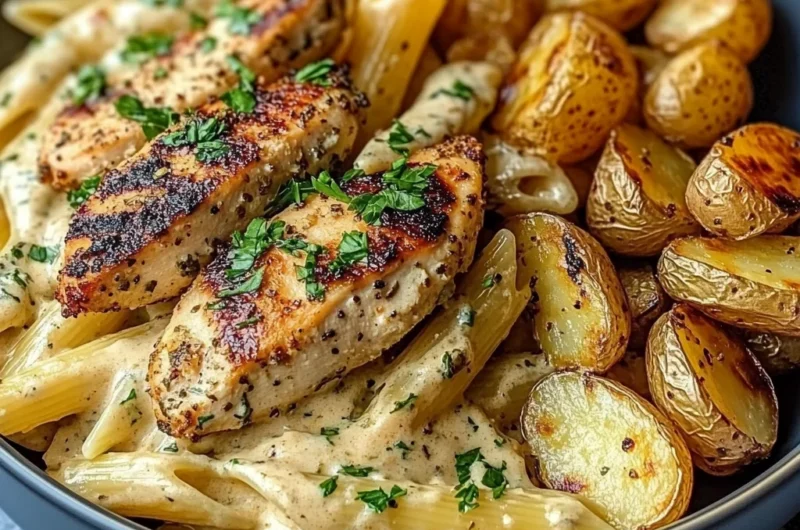 Creamy Herb Pasta Bowl with Juicy Grilled Chicken & Roasted Potatoes