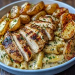Creamy Herb Pasta with Grilled Chicken & Crispy Roasted Potatoes