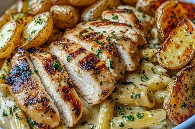 Creamy Herb Pasta with Grilled Chicken & Crispy Roasted Potatoes