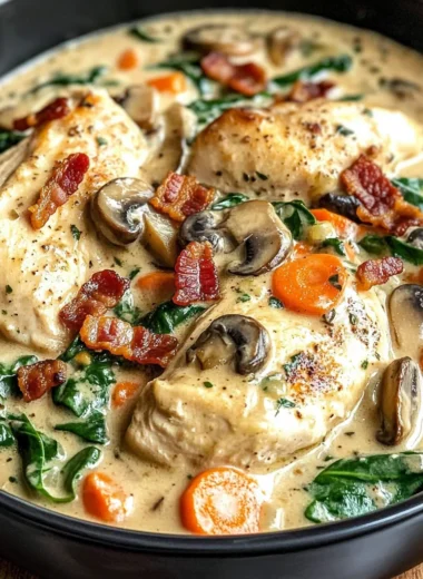 Creamy Slow-Cooked Chicken Stroganoff with Spinach, Bacon, Mushrooms & Carrots