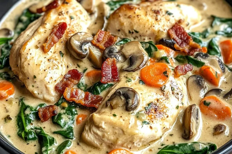 Creamy Slow-Cooked Chicken Stroganoff with Spinach, Bacon, Mushrooms & Carrots