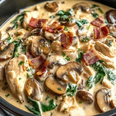Creamy Slow Cooker Chicken Stroganoff with Bacon, Spinach & Mushrooms
