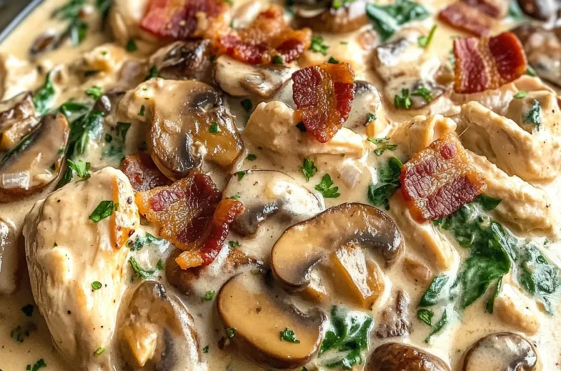 Creamy Slow Cooker Chicken Stroganoff with Bacon, Spinach & Mushrooms