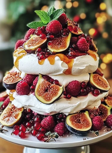 Festive Pavlova Tower with Honeyed Figs, Raspberries & Mint