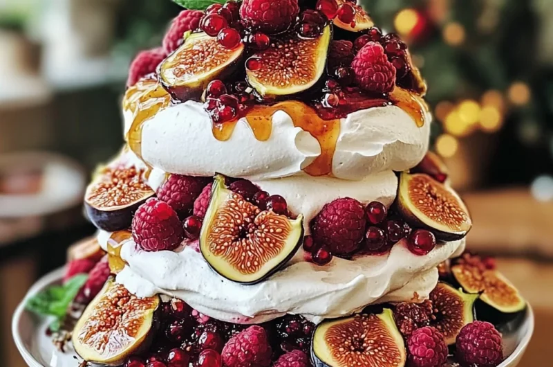 Festive Pavlova Tower with Honeyed Figs, Raspberries & Mint