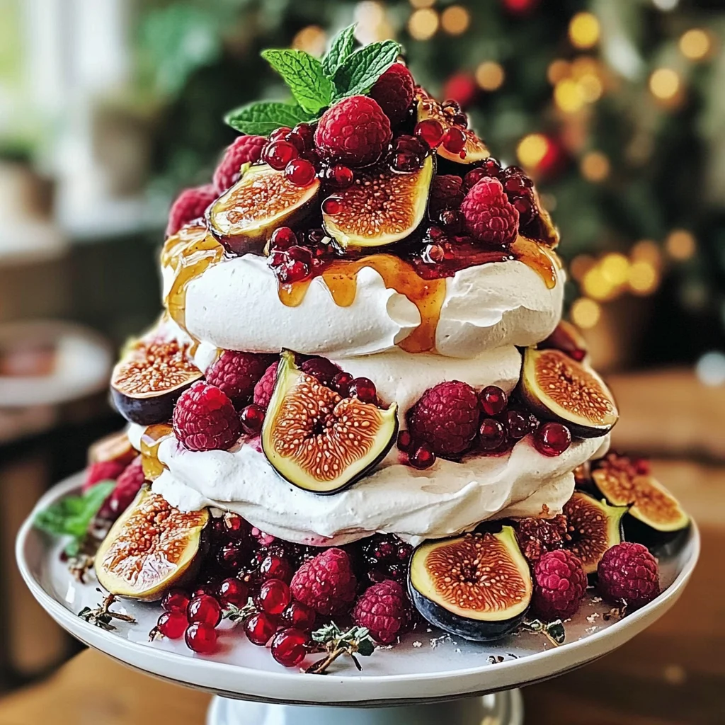 Festive Pavlova Tower with Honeyed Figs, Raspberries & Mint