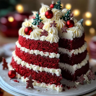 Festive Red Velvet Christmas Tree Cake with Cream Cheese Frosting & Edible Ornaments